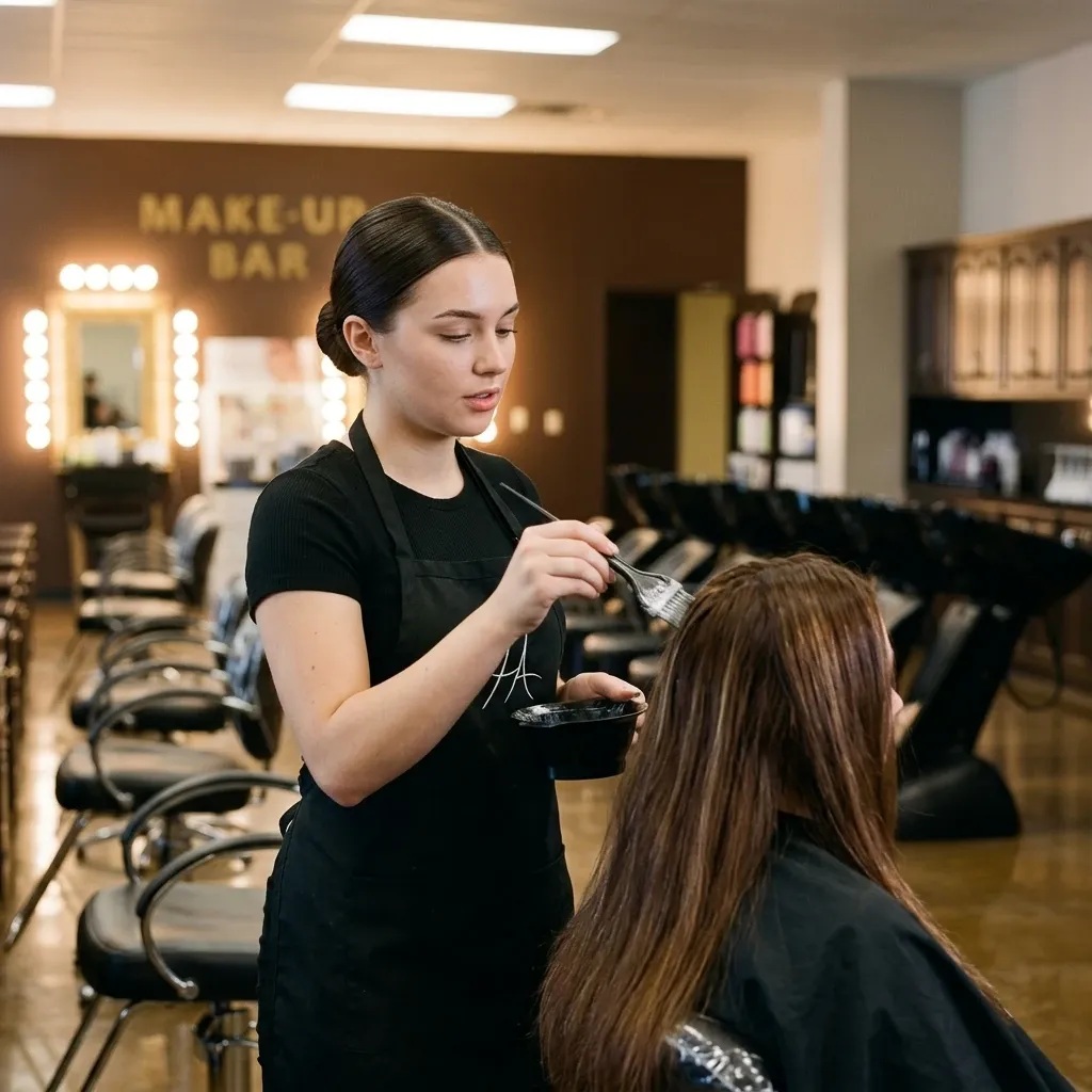 A cosmetology student brushing colour through a guest's hair on the salon floor.