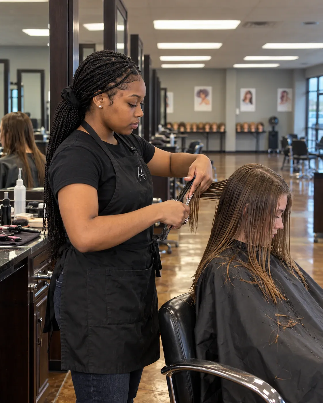 Cosmetology student performing a precision haircut