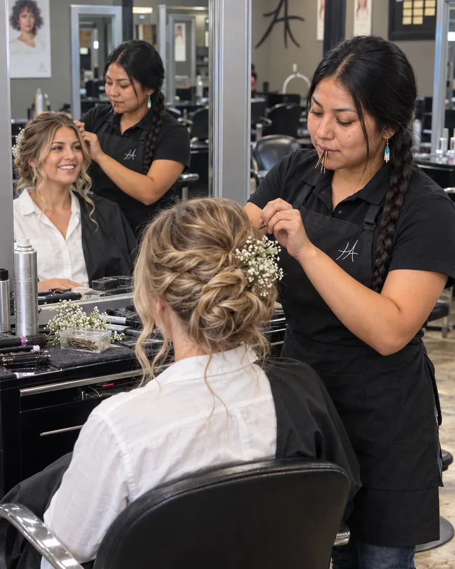 Cosmetology student finishing a bridal updo for a client