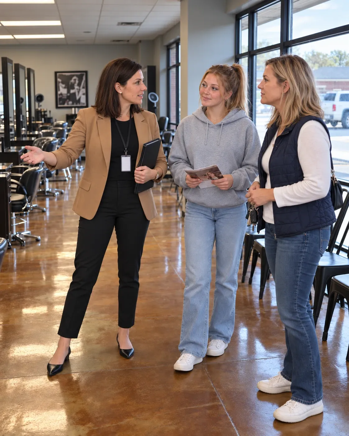 Admissions director giving a prospective student and her mother a campus tour