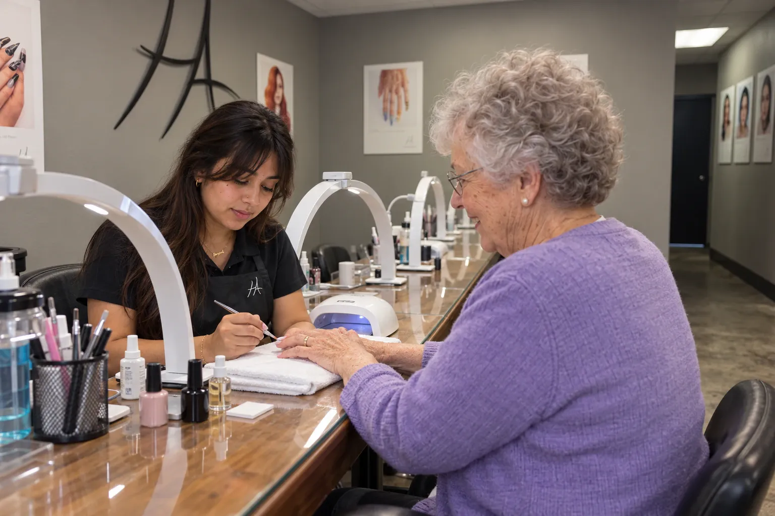 Nail technology student applying gel polish for a client at Hays Academy