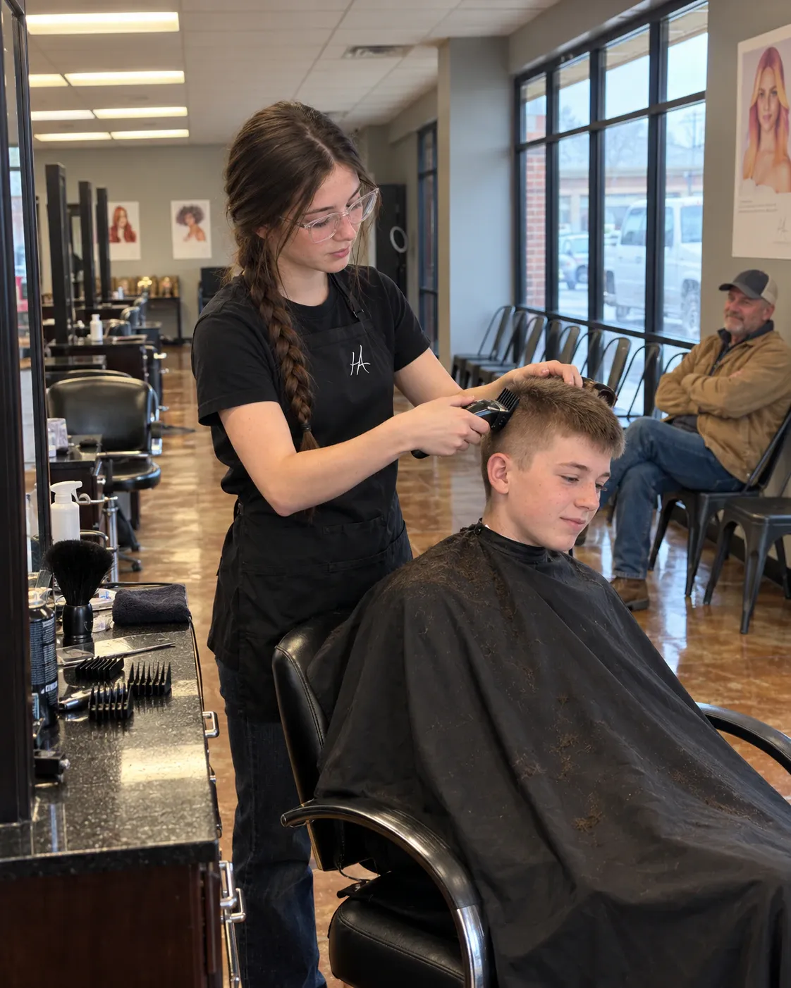 Cosmetology student giving a clipper cut in the student salon